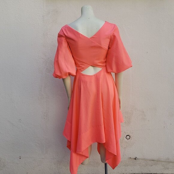 NICHOLAS Coral Neon Orange Puff Sleeve Cutout Asymmetric Dress - Picture 5 of 7